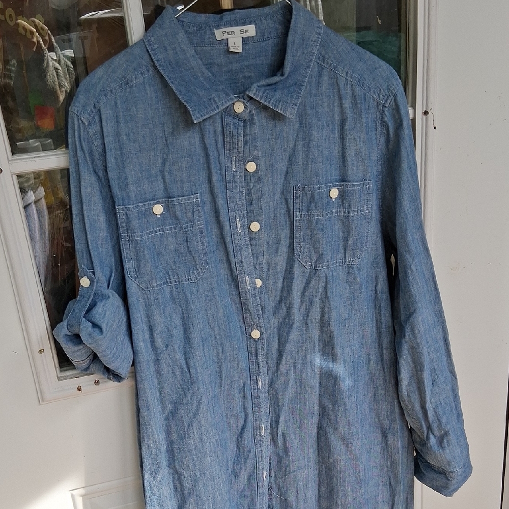 Per Se Light Blue Casual Button Down Shirt